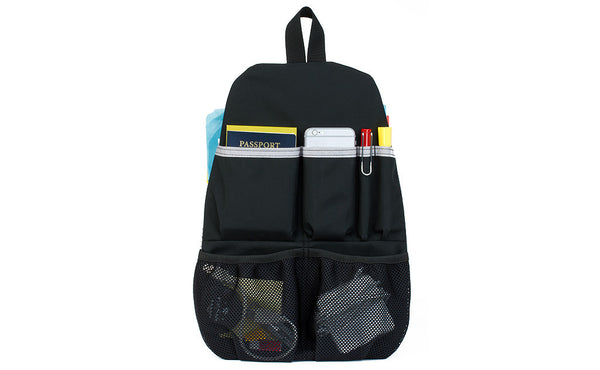 The Black Synapse 19 Freudian Slip, holding a charger, cables, passport, pens, and a phone.